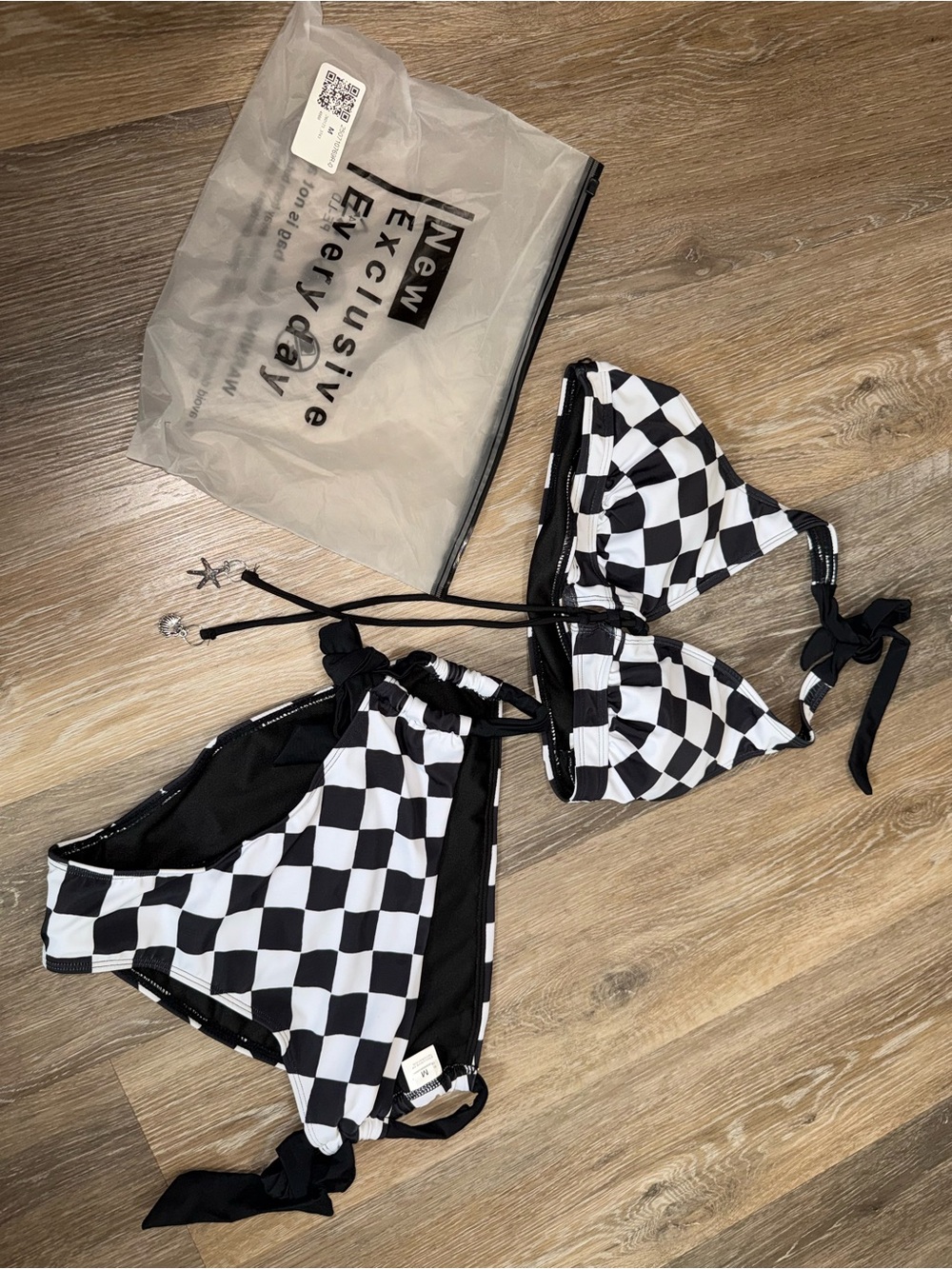 SHEIN Black & White Checkerboard Tie-Side Bikini Set